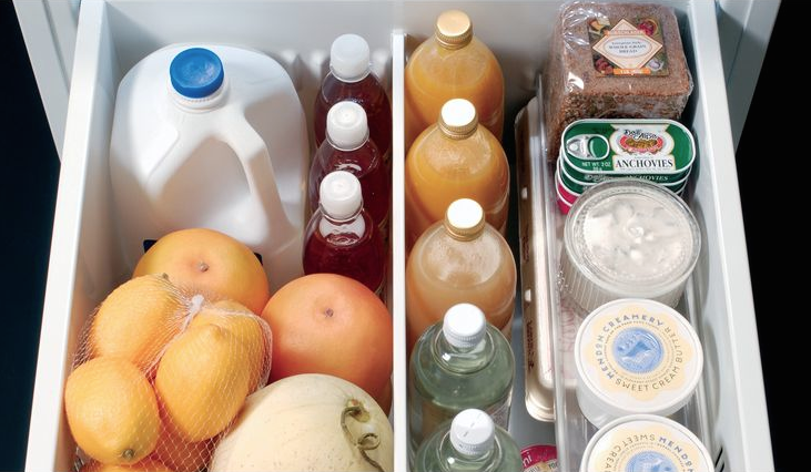 A look inside a Monogram drawer; the compartments and temperatures are adjustable and some Monogram models work as both refrigerators and freezers.
